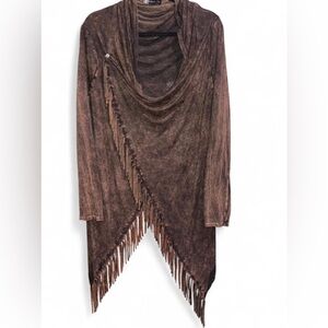 T Party Mineral Wash Brown Fringe Long Sleeve Wrap Cardigan Large Boho Western